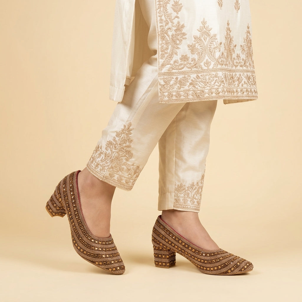 Premium Gold Embellished Party Pump Heels for Women | Wedding & Evening Wear