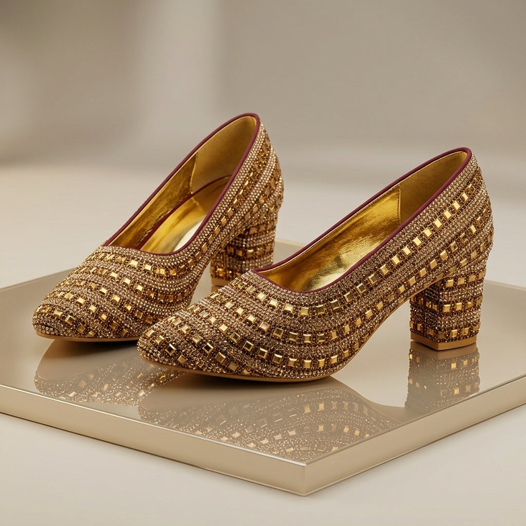 Premium Gold Embellished Party Pump Heels for Women | Wedding & Evening Wear