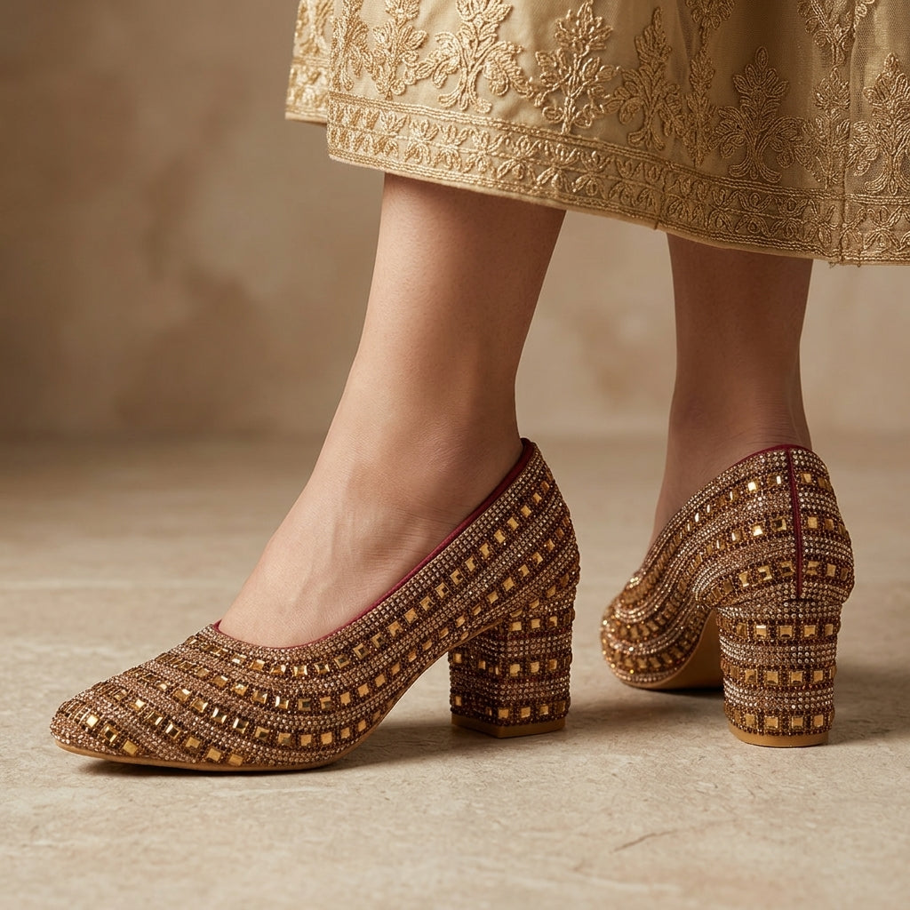 Premium Gold Embellished Party Pump Heels for Women | Wedding & Evening Wear